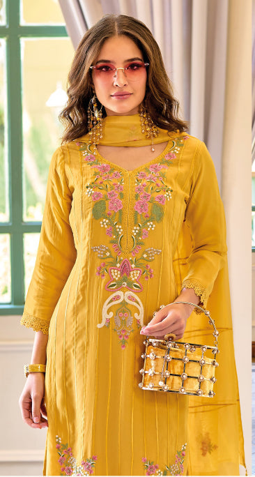 Elegant Yellow Salwar Suit with Hand-Embroidered Organza for Weddings & Parties