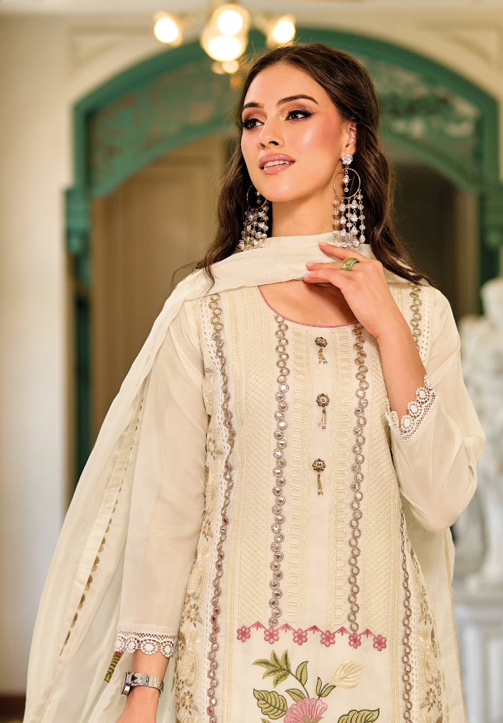 Elegant Cream Salwar Suit with Hand-Embroidered Organza for Weddings and Parties