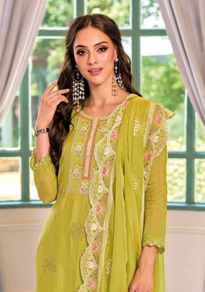 Elegant Green Salwar Suit with Hand-Embroidered Organza for Weddings and Parties