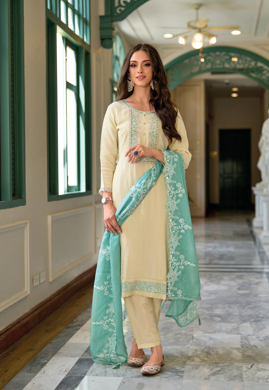 Cream Soft Organza Embroidery Khatli Salwar Suit for Wedding & Party