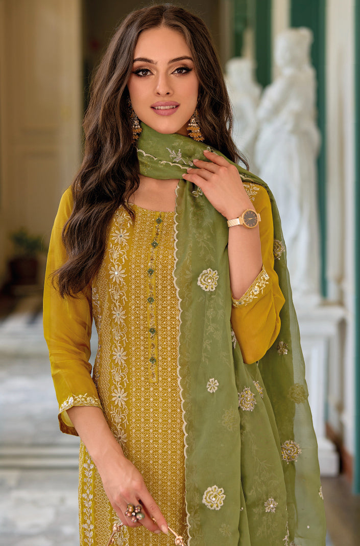 Elegant Yellow Salwar Suit with Hand-Embroidered Soft Organza Khatli Work
