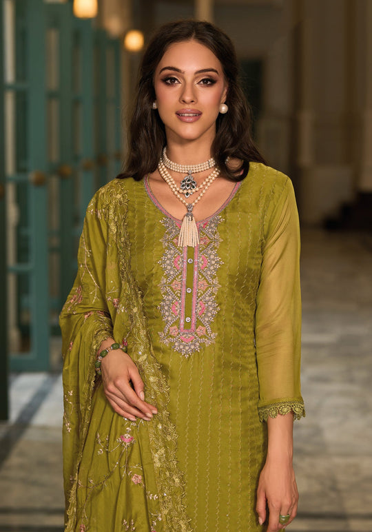 Elegant Green Salwar Suit with Handcrafted Organza Embroidery for Weddings & Parties