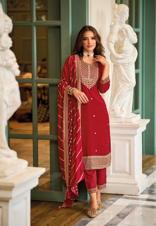 Elegant Red Silk Embroidered Salwar Suit for Weddings and Parties
