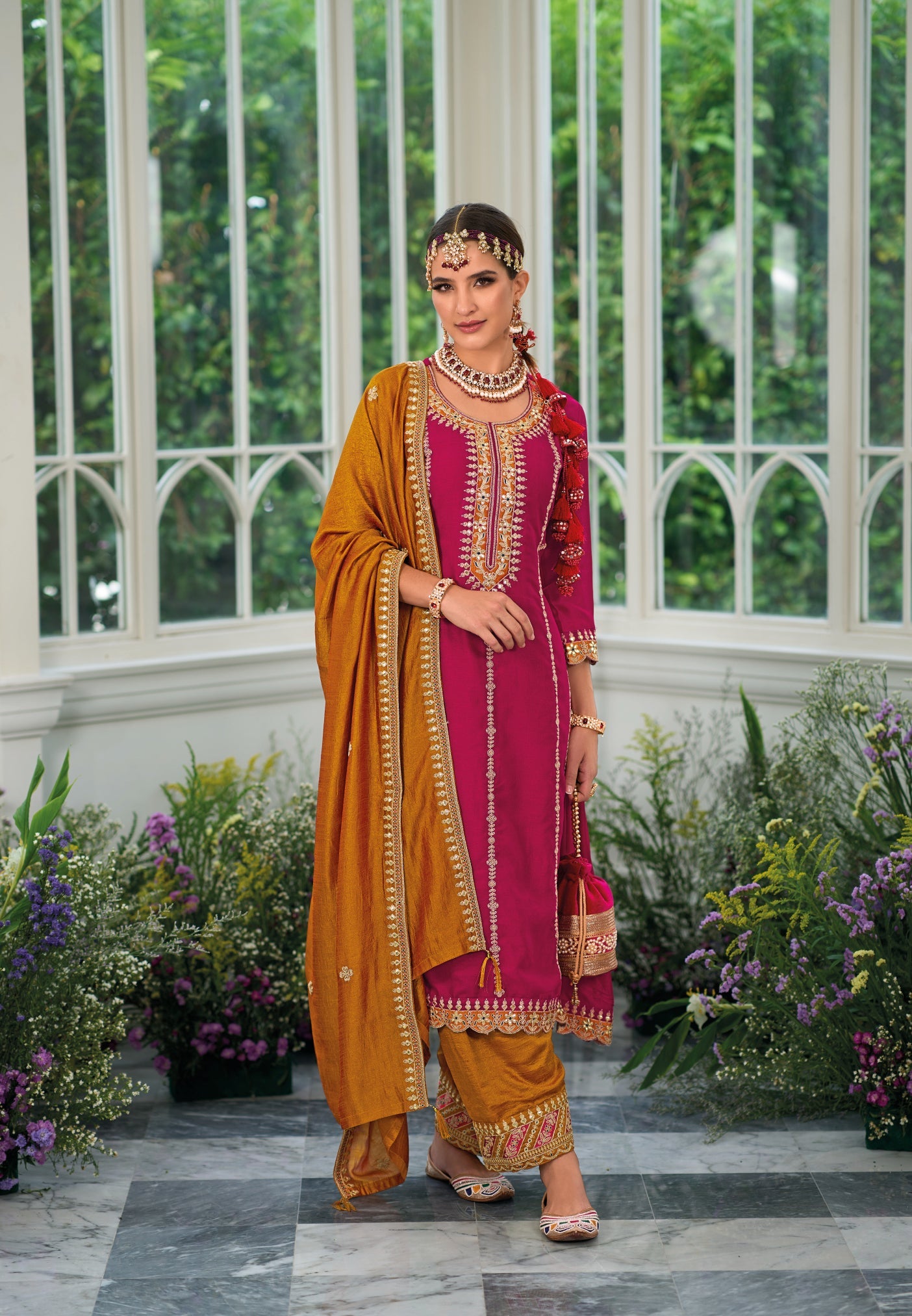 Luxurious Pink Silk Salwar Suit with Georgette & Embroidery for Weddings & Parties