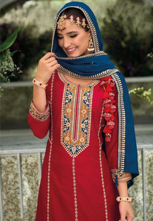 Elegant Red Silk Salwar Suit with Georgette - Perfect for Weddings & Parties