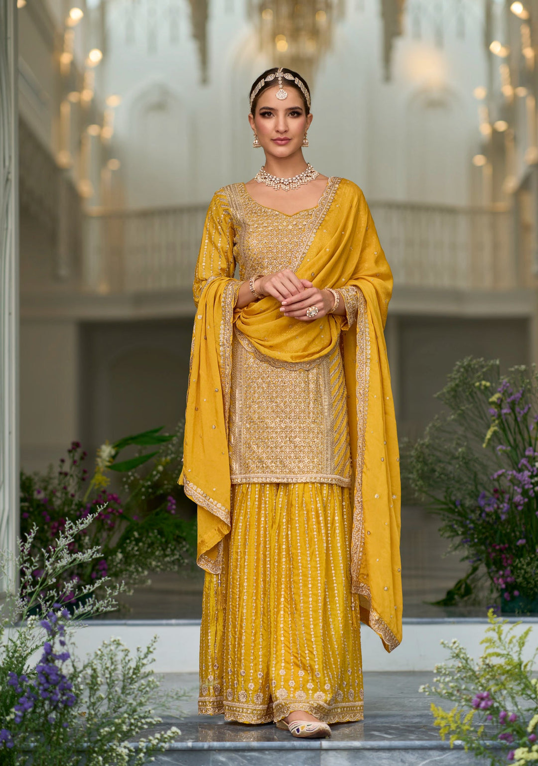 Elegant Yellow Sharara Salwar Suit: Premium Silk, Heavy Embroidery for Weddings & Parties