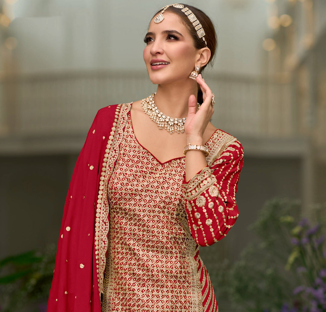 Luxurious Red Silk Sharara Salwar Suit: Perfect for Weddings and Parties