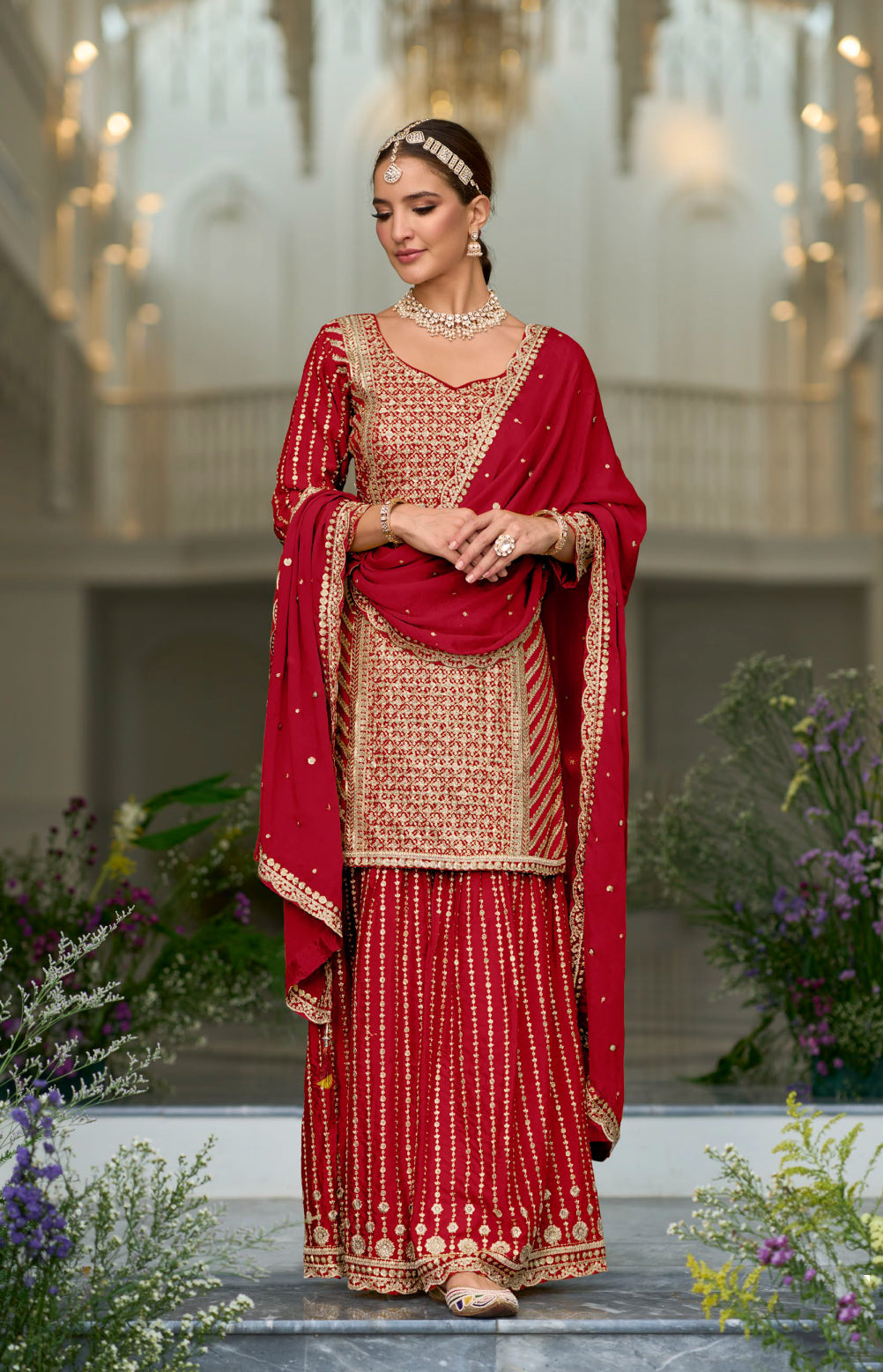 Luxurious Red Silk Sharara Salwar Suit: Perfect for Weddings and Parties