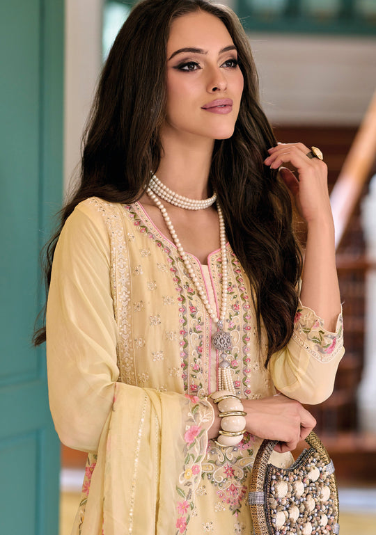Elegant Yellow Salwar Suit with Soft Organza Khatli Embroidery
