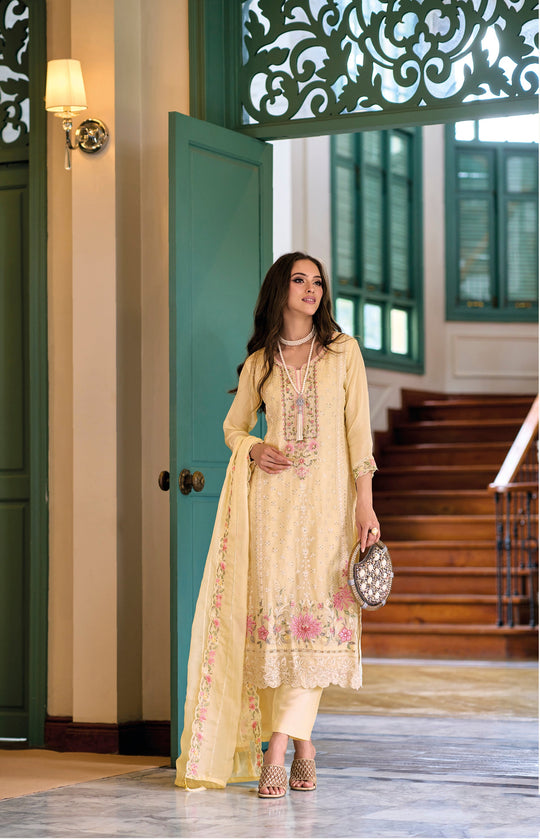 Elegant Yellow Salwar Suit with Soft Organza Khatli Embroidery