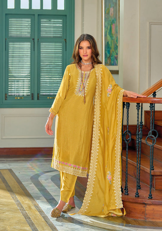 Elegant Yellow Silk Salwar Suit with Exquisite Embroidery for Weddings & Parties